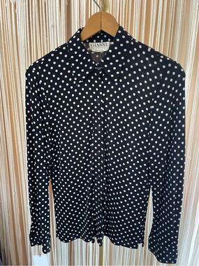 Vintage Gianni Petite black & white polka dot button-up long sleeve blouse 6P